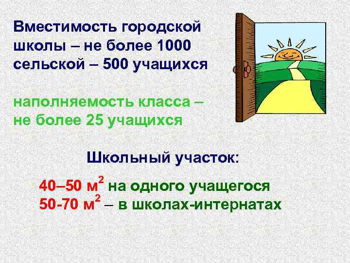 Вместимость городской школы – не более 1000 сельской – 500 учащихся наполняемость класса –