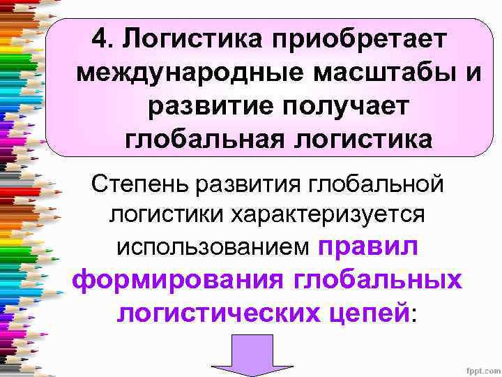 4. Логистика приобретает международные масштабы и развитие получает глобальная логистика Степень развития глобальной логистики