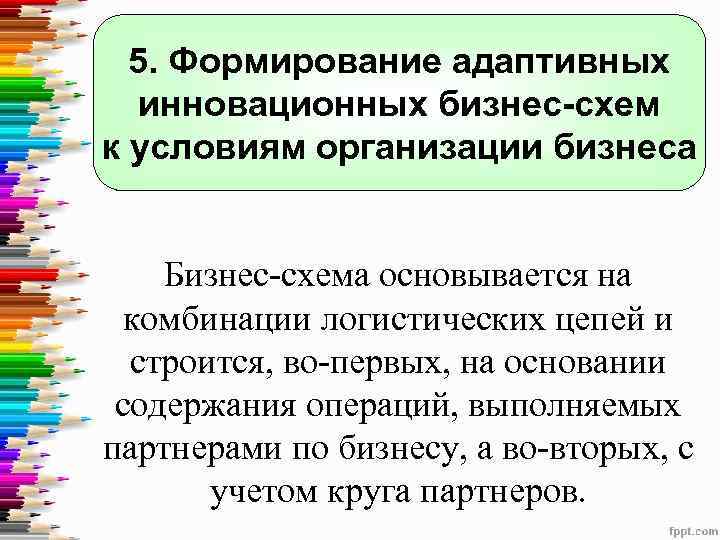 5. Формирование адаптивных инновационных бизнес-схем к условиям организации бизнеса Бизнес-схема основывается на комбинации логистических