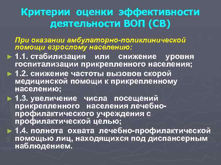 Критерии оценки эффективности деятельности ВОП (СВ) При оказании амбулаторно-поликлинической помощи взрослому населению: ► 1.