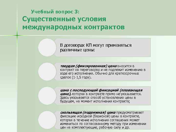 Учебный вопрос 3: Существенные условия международных контрактов В договорах КП могут применяться различные цены: