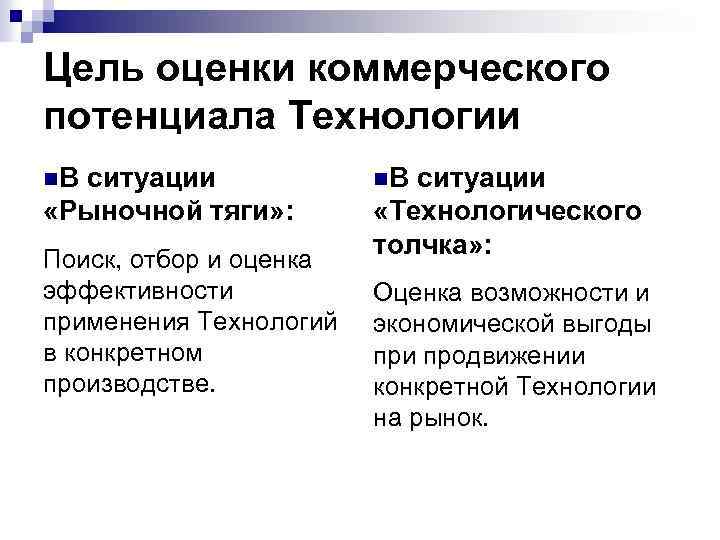 Цель оценки коммерческого потенциала Технологии n. В ситуации «Рыночной тяги» : Поиск, отбор и