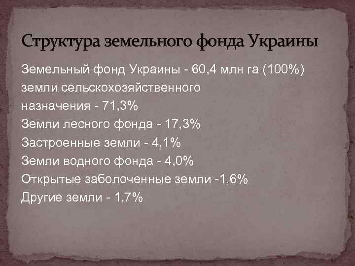 Структура земельного фонда Украины Земельный фонд Украины - 60, 4 млн га (100%) земли