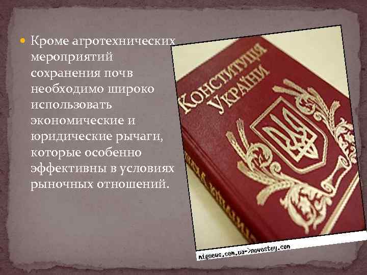  Кроме агротехнических мероприятий сохранения почв необходимо широко использовать экономические и юридические рычаги, которые