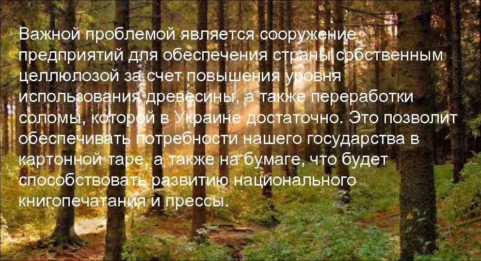 Важной проблемой является сооружение предприятий для обеспечения страны собственным целлюлозой за счет повышения уровня