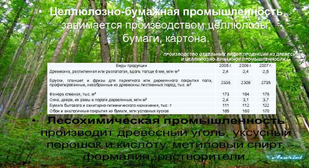  • Целлюлозно-бумажная промышленность занимается производством целлюлозы, бумаги, картона. ПРОИЗВОДСТВО ОТДЕЛЬНЫХ ВИДОВ ПРОДУКЦИИ ИЗ