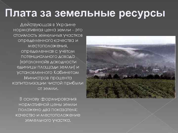 Плата за земельные ресурсы Действующая в Украине нормативная цена земли - это стоимость земельных