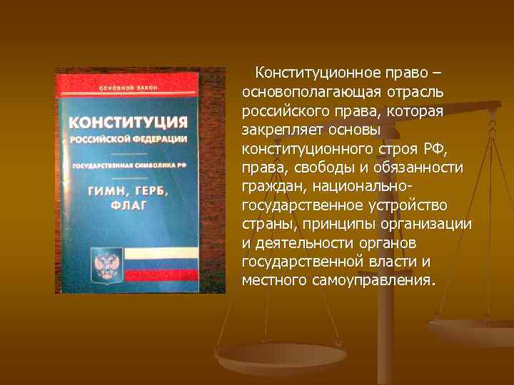 Конституционное право – основополагающая отрасль российского права, которая закрепляет основы конституционного строя РФ, права,