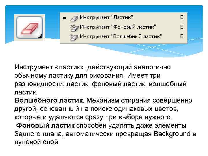 Инструмент «ластик» , действующий аналогично обычному ластику для рисования. Имеет три разновидности: ластик, фоновый