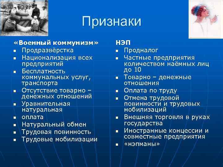 Признаки «Военный коммунизм» n Продразвёрстка n Национализация всех предприятий n Бесплатность коммунальных услуг, транспорта