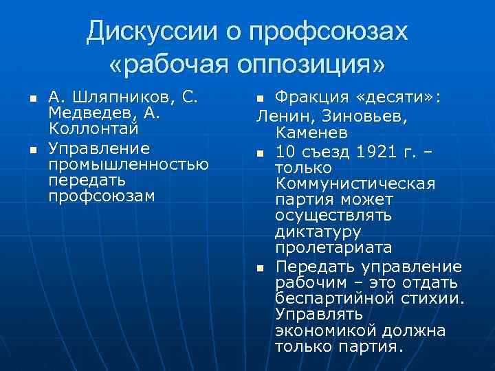 Дискуссии о профсоюзах «рабочая оппозиция» n n А. Шляпников, С. Медведев, А. Коллонтай Управление