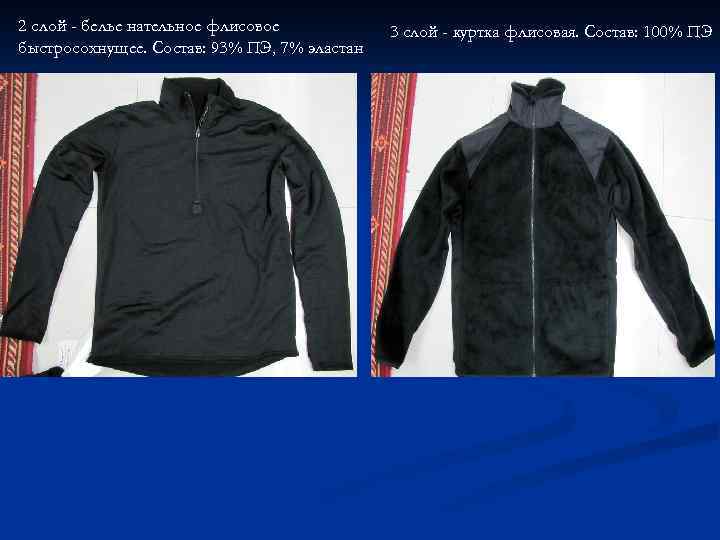 2 слой - белье нательное флисовое быстросохнущее. Состав: 93% ПЭ, 7% эластан 3 слой