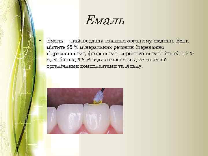 Емаль • Емаль — найтвердіша тканина організму людини. Вона містить 95 % мінеральних речовин