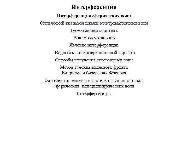 Интерференция сферических волн Оптический диапазон шкалы электромагнитных волн Геометрическая оптика Волновое уравнение Явление интерференции