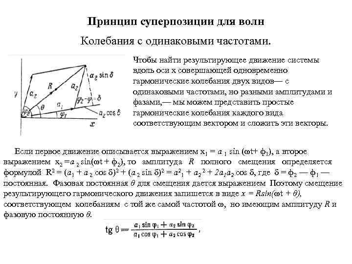 Принцип суперпозиции для волн Колебания с одинаковыми частотами. Чтобы найти результирующее движение системы вдоль