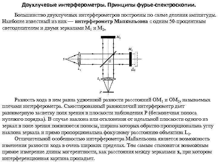 Двухлучевые интерферометры. Принципы фурье-спектроскопии. Большинство двухлучевых интерферометров построены по схеме деления амплитуды. Наиболее известный