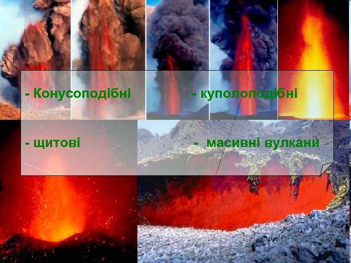 - Конусоподібні - куполоподібні - щитові - масивні вулкани 