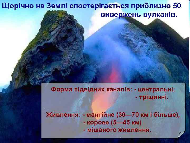 Щорічно на Землі спостерігається приблизно 50 вивержень вулканів. Форма підвідних каналів: - центральні; -
