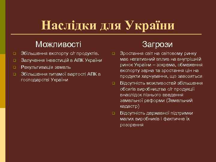Наслідки для України Можливості q q Збільшення експорту с/г продуктів. Залучення інвестицій в АПК