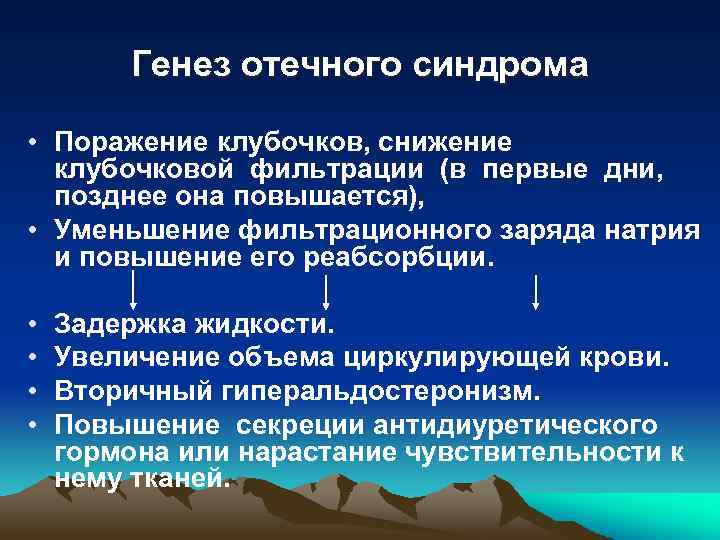 Генез отечного синдрома • Поражение клубочков, снижение клубочковой фильтрации (в первые дни, позднее она