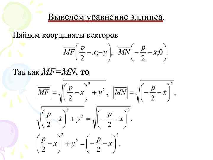 Выведем уравнение эллипса. Найдем координаты векторов Так как MF=MN, то 