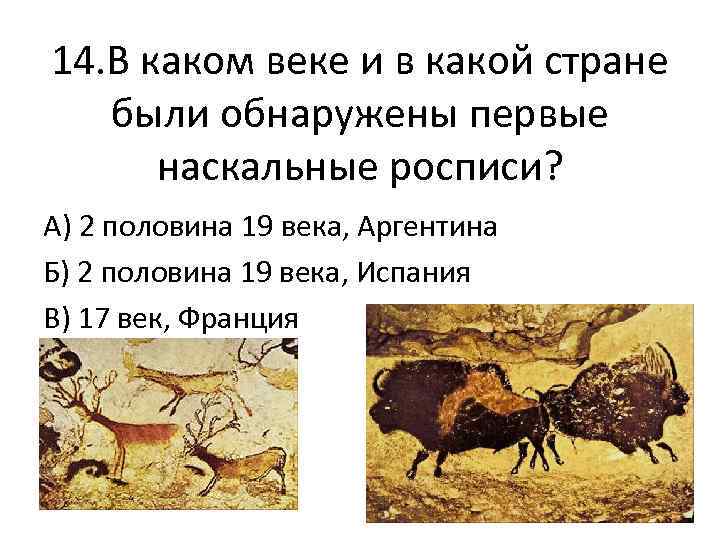 14. В каком веке и в какой стране были обнаружены первые наскальные росписи? А)