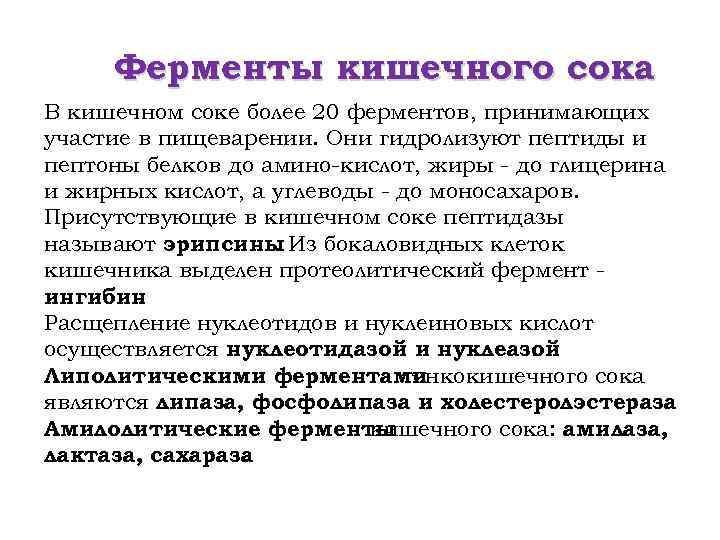 Ферменты кишечного сока В кишечном соке более 20 ферментов, принимающих участие в пищеварении. Они