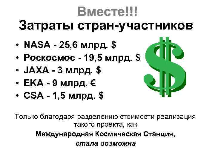 Вместе!!! Затраты стран-участников • • • NASA - 25, 6 млрд. $ Роскосмос -