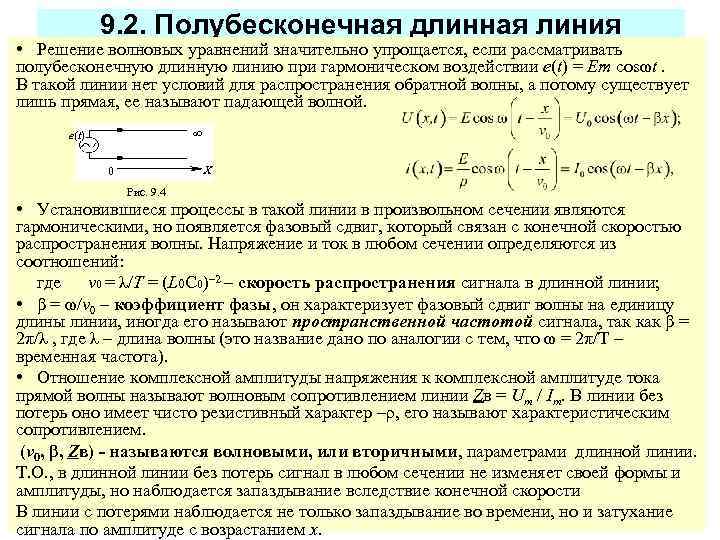 9. 2. Полубесконечная длинная линия • Решение волновых уравнений значительно упрощается, если рассматривать полубесконечную