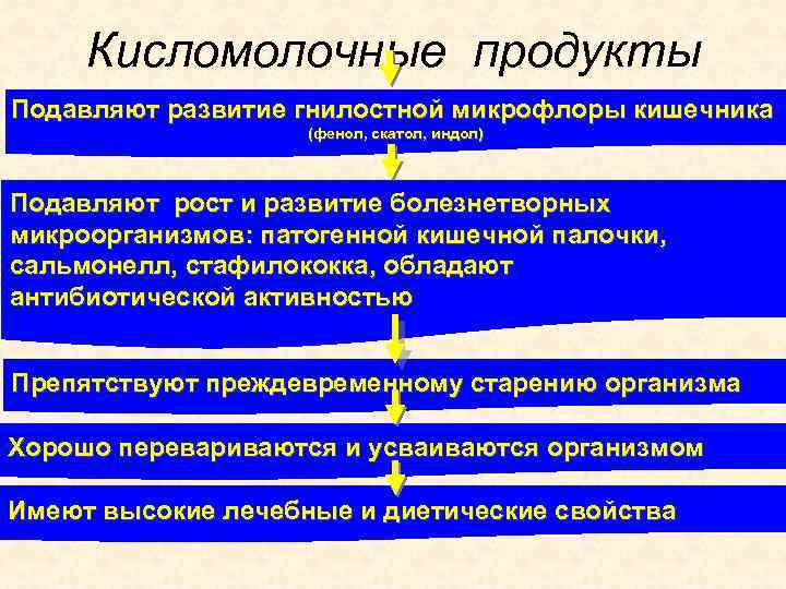 Кисломолочные продукты Подавляют развитие гнилостной микрофлоры кишечника (фенол, скатол, индол) Подавляют рост и развитие