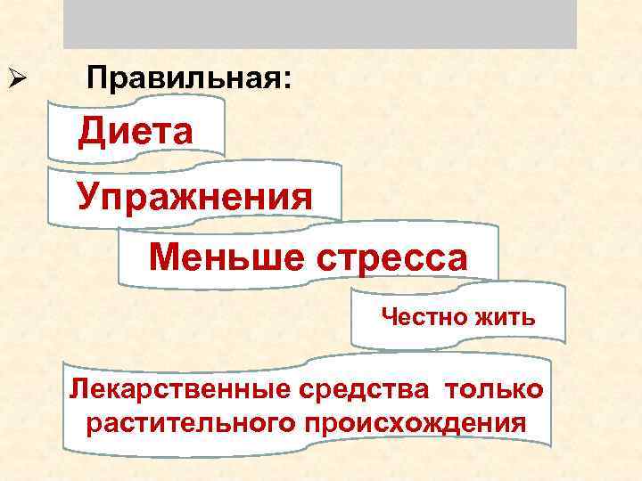 Ø Правильная: Диета Упражнения Меньше стресса Честно жить Лекарственные средства только растительного происхождения 