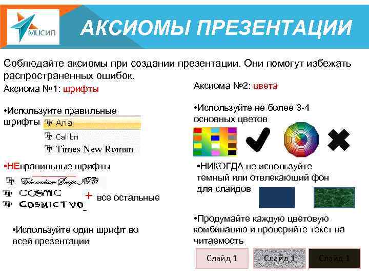 АКСИОМЫ ПРЕЗЕНТАЦИИ Соблюдайте аксиомы при создании презентации. Они помогут избежать распространенных ошибок. Аксиома №