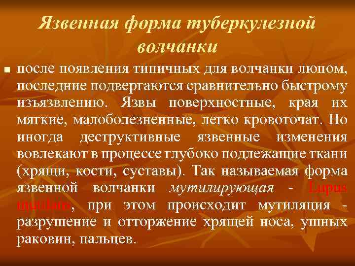 Язвенная форма туберкулезной волчанки n после появления типичных для волчанки люпом, последние подвергаются сравнительно