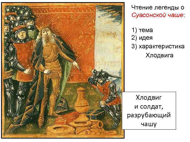 Чтение легенды о Суасонской чаше: 1) тема 2) идея 3) характеристика Хлодвиг и солдат,