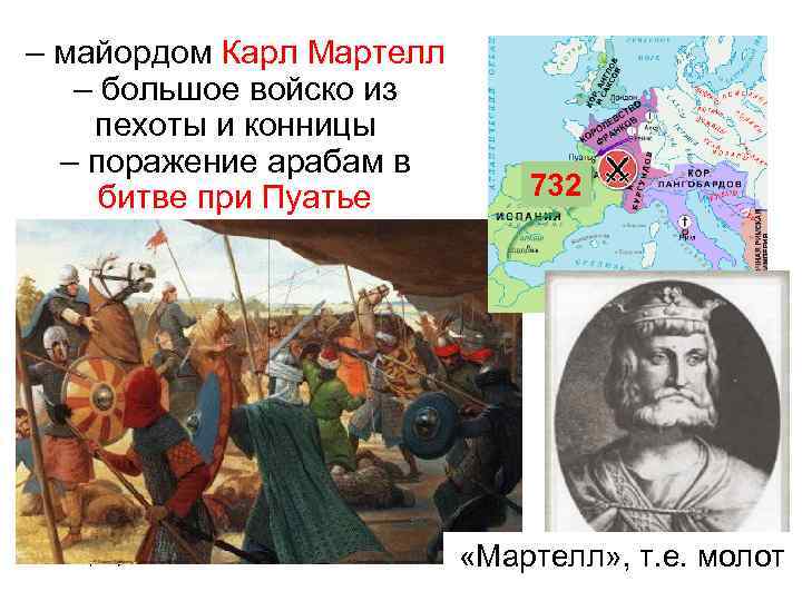 – майордом Карл Мартелл – большое войско из пехоты и конницы – поражение арабам