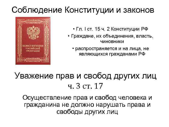 Соблюдение Конституции и законов • Гл. I ст. 15 ч. 2 Конституции РФ •