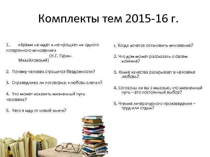 Комплекты тем 2015 -16 г. 1. «Время не ждет и не прощает ни одного