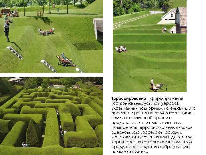 Террасирование – формирование горизонтальных уступов (террас), укрепленных подпорными стенками. Это проектное решение помогает защитить
