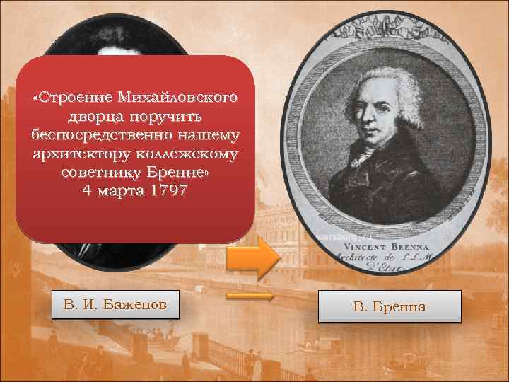  «Строение Михайловского дворца поручить беспосредственно нашему архитектору коллежскому советнику Бренне» 4 марта 1797
