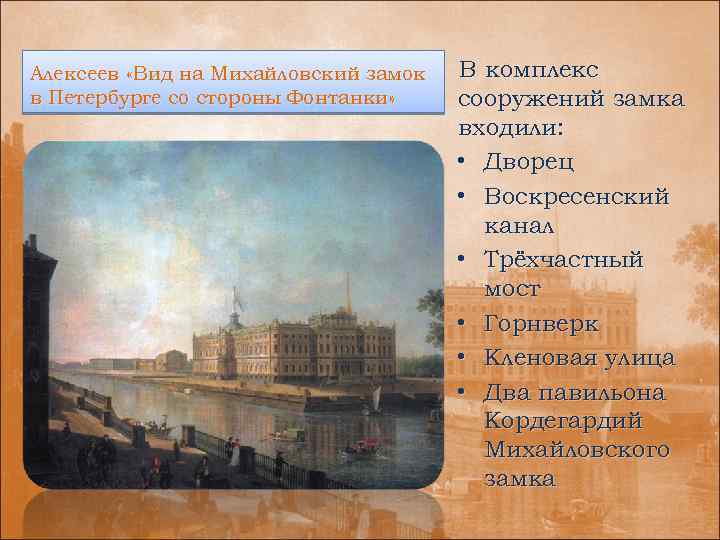 Алексеев «Вид на Михайловский замок в Петербурге со стороны Фонтанки» В комплекс сооружений замка
