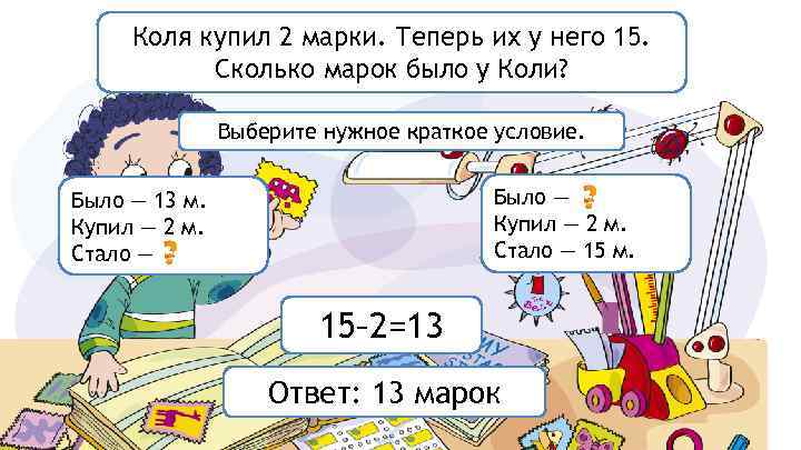 Коля купил 2 марки. Теперь их у него 15. Сколько марок было у Коли?
