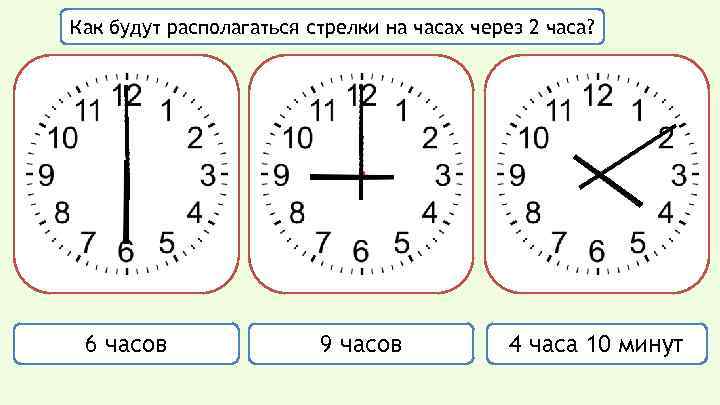 Как будут располагаться стрелки на часах через 2 часа? 6 часов 9 часов 4