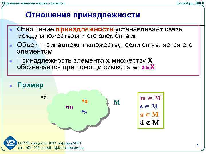 Основные понятия теории множеств Сентябрь, 200 6 Отношение принадлежности n n Отношение принадлежности устанавливает