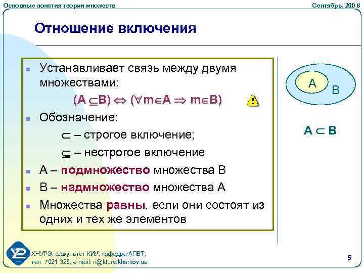 Основные понятия теории множеств Сентябрь, 200 6 Отношение включения n n n Устанавливает связь