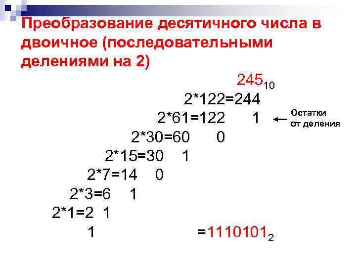 Преобразование десятичного числа в двоичное (последовательными делениями на 2) 24510 2*122=244 Остатки 2*61=122 1