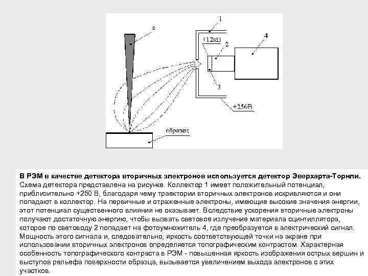 В РЭМ в качестве детектора вторичных электронов используется детектор Эверхарта-Торнли. Схема детектора представлена на