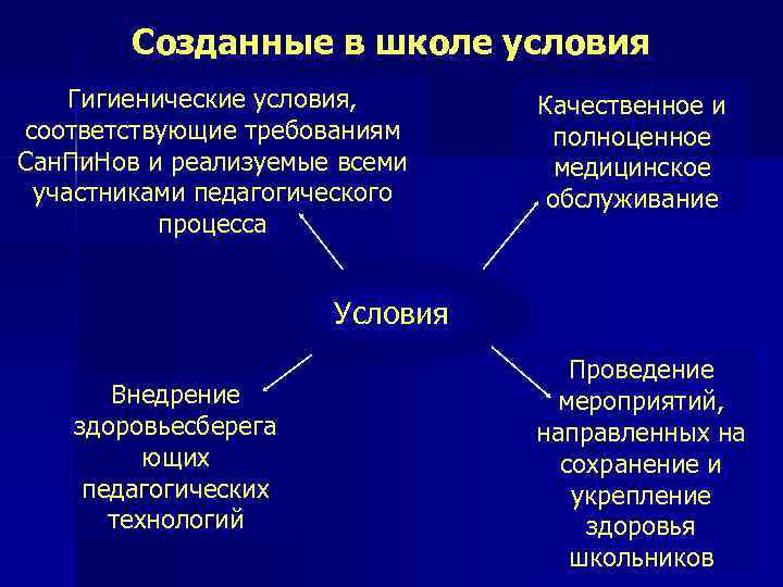 Созданные в школе условия Гигиенические условия, соответствующие требованиям Сан. Пи. Нов и реализуемые всеми