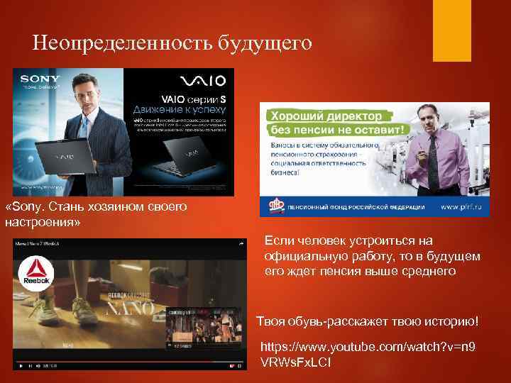 Неопределенность будущего «Sony. Стань хозяином своего настроения» Если человек устроиться на официальную работу, то