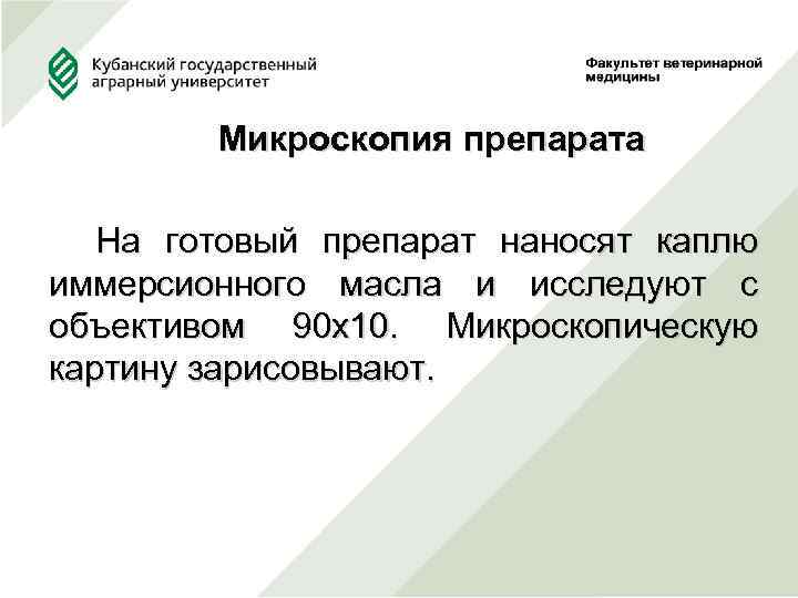 Микроскопия препарата На готовый препарат наносят каплю иммерсионного масла и исследуют с объективом 90