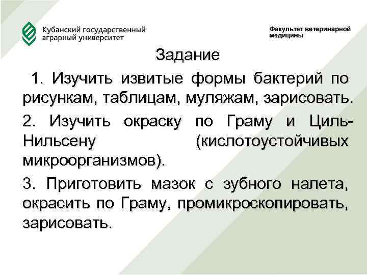 Задание 1. Изучить извитые формы бактерий по рисункам, таблицам, муляжам, зарисовать. 2. Изучить окраску